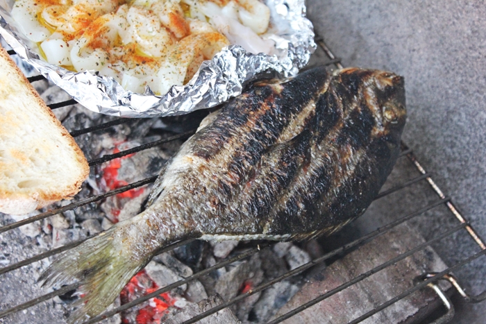 Gegrillte Dorade und Tintenfischringe mit Tomatensalat und marinierter Zucchini