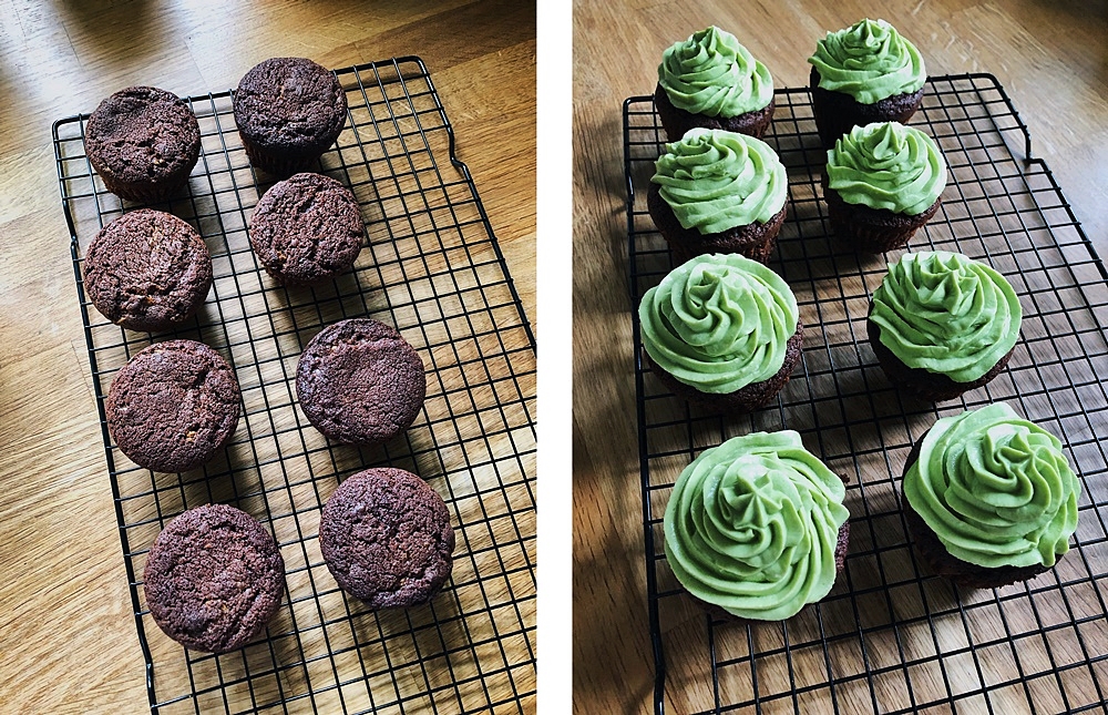 Schokoladen-Matcha-Cupcakes, muffins, matcha, halloween cupcakes, 