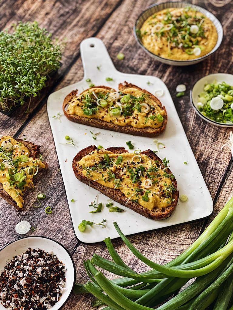 knuspriges Röstbrot mit Kichererbsen-Mango-Forellen Aufstrich