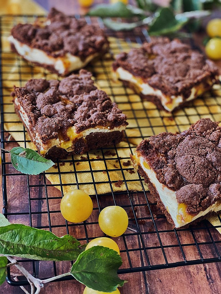 Brownie Cheesecake mit Schoko-Streusel und Ringlo/Aprikosen vom Blech