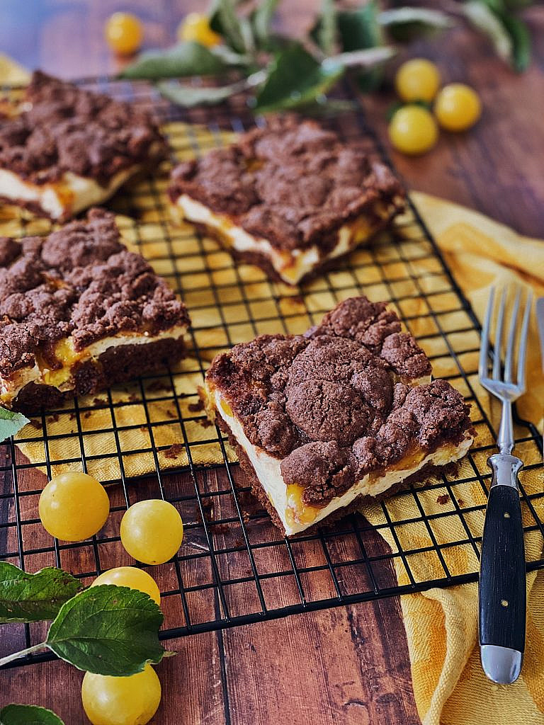 Brownie Cheesecake mit Schoko-Streusel und Ringlo/Aprikosen vom Blech