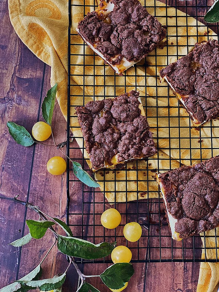 Brownie Cheesecake mit Schoko-Streusel und Ringlo/Aprikosen vom Blech