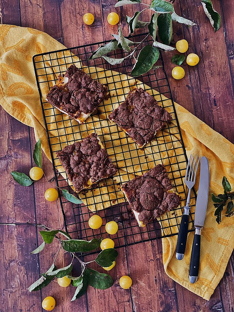 Brownie Cheesecake mit Schoko-Streusel und Ringlo/Aprikosen vom Blech