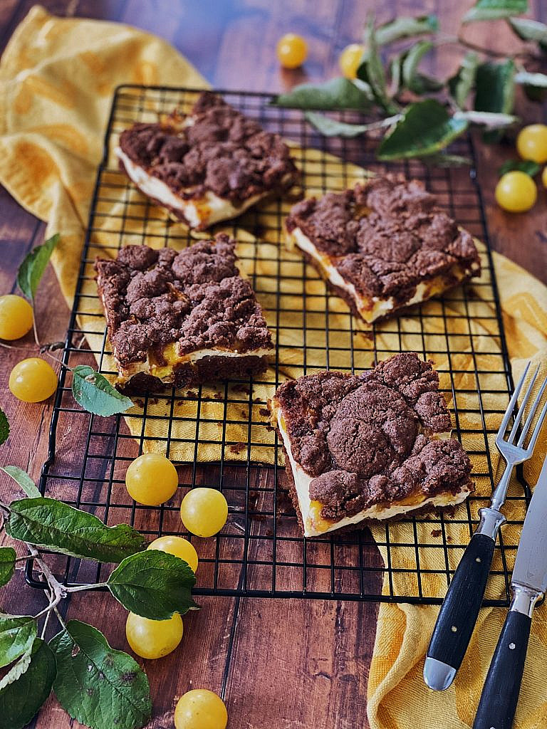 Brownie Cheesecake mit Schoko-Streusel und Ringlo/Aprikosen vom Blech