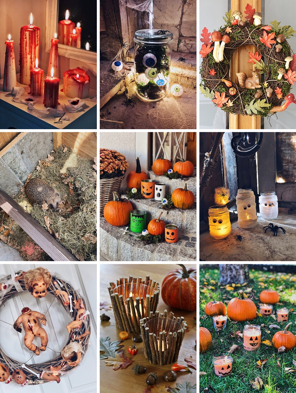 Die besten gruseligsten DIYs Halloween Herbst-Kürbis Kerzen gießen-Mumien-Spinnen-Windlichter-Augäpfel Lichterkette-Blechdosen-Kürbis-Gespenst-Frankenstein-blutige Kerzen-Grusel-Puppen Türkranz-fashionkitchen_